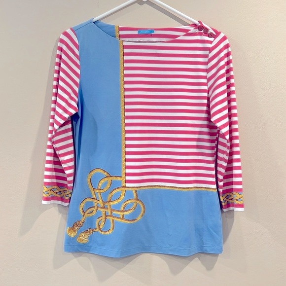 🔥J McLaughlin Striped Blue and Pink Top with Gold Accents🔥 - Picture 1 of 7
